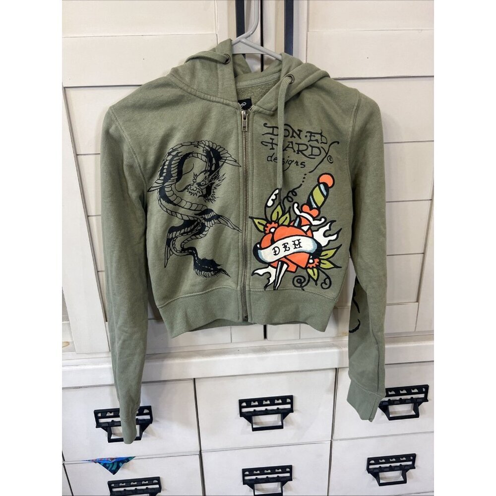 Ed Hardy Dragon Hearts Sage Cropped Zip Up Hoodie Y2K Tattoo Women’s SIZE S
